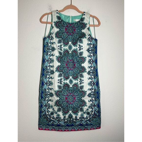 London Times Shift Dress Zipper Knee Length Geometric Floral Print Size 8 - Picture 1 of 11